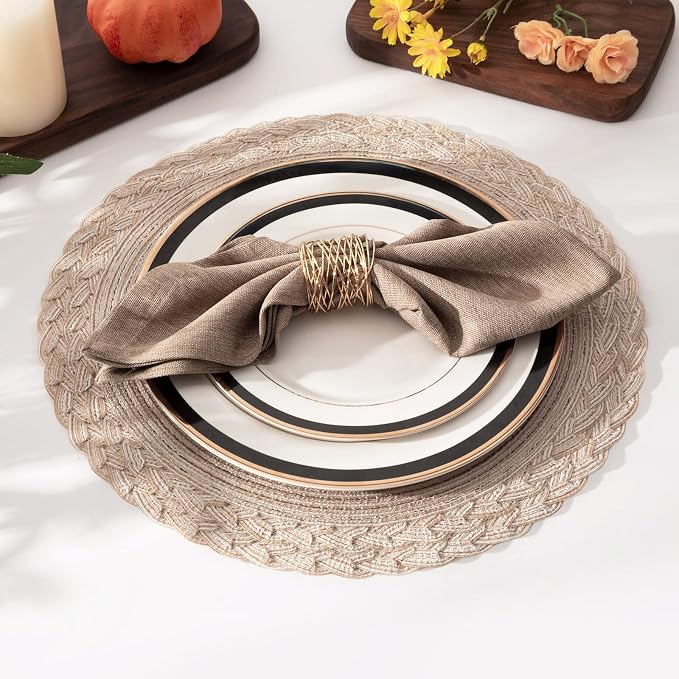 SHACOS 15 inch Round Placemats Set of 6 Boho Woven Braided Border Table Mats Washable Heat Resistant Circle Place Mats for Dining Table, Beige