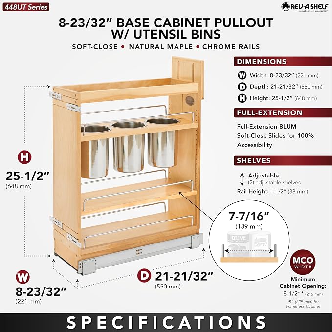 Rev-A-Shelf Pullout Organizer w/Soft-Close, Min Cabinet Opening 8.5" W | 8.75" W Slide Out Pantry Spice or Utensil Storage Rack w/BLUM Soft-Close & Adjustable Shelves for Base Cabinet, 448UT-BCSC-8C