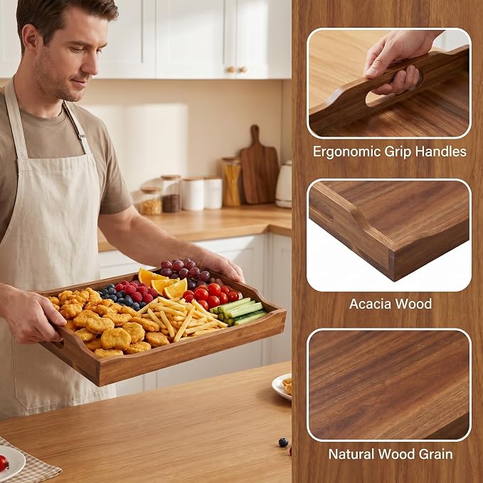Acacia Wood Serving Trays with Handles, Rectangular Wooden Tray Set of 2 for Breakfast, Coffee Table, Ottoman, Kitchen, Dining, Party and Home Décor