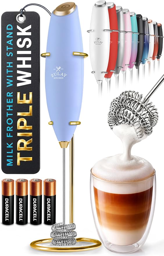 Zulay Kitchen Powerful Milk Frother Wand With Duracell Batteries - Ultra Fast Handheld Drink Mixer - Electric Whisk Foam Maker for Coffee, Lattes, Cappuccino & Matcha - Triple Whisk - Noble Lavender