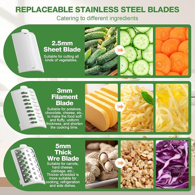 Electric Cheese Grater for Block Cheese - 3 in 1 Rotary Cheese Grater Electric Rotary Grater Salad Shooter Electric Slicer for Cheeses, Fruits, Vegetables and Nuts (Green)