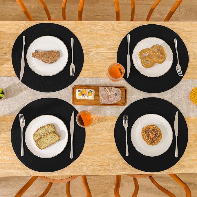 SHACOS Round Braided Placemats Set of 8 Washable Cotton Polyester Woven Round Table Mats for Dining Tables 15 inch (Black, 8)