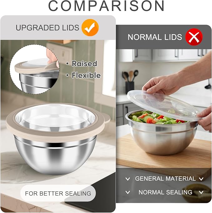 HaWare Mixing Bowls with Clear Airtight Lids, Stainless Steel Nesting Bowls | 6-Piece Metal Salad Bowl for Cooking, Prepping, Baking, Serving & Food Storage, Size 4.6, 3, 1.5QT, Khaki