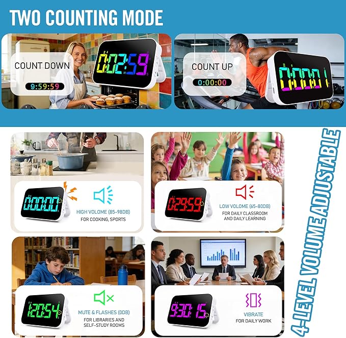 Digital Timer for Classroom, Pomodoro, Gym & Kitchen – Rechargeable Magnetic Countdown Timer, Large LED Display, Loud Alarm, 3 Volume Levels & 3 Brightness Settings