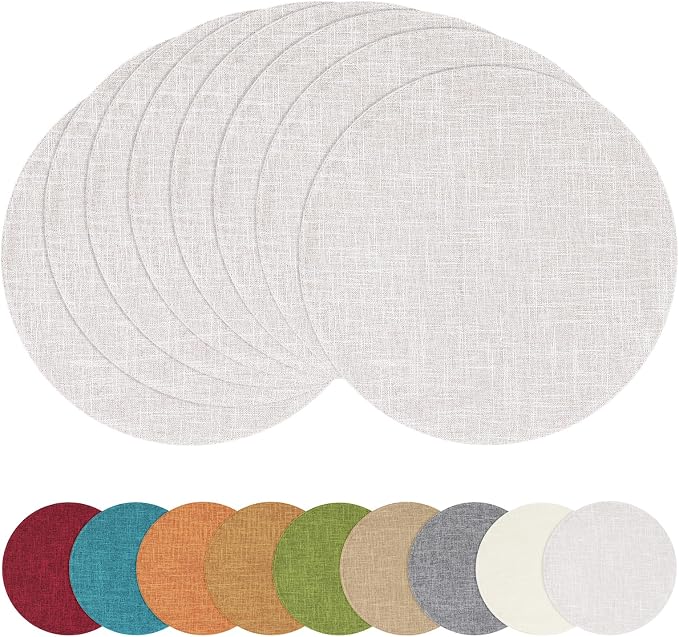 Cotton Linen 15 Inch Round Cloth Place mats, Set of 8, Beige | Washable Table Mats, Heat Resistant, Reversible, Wipeable Place Mats for Indoor Outdoor