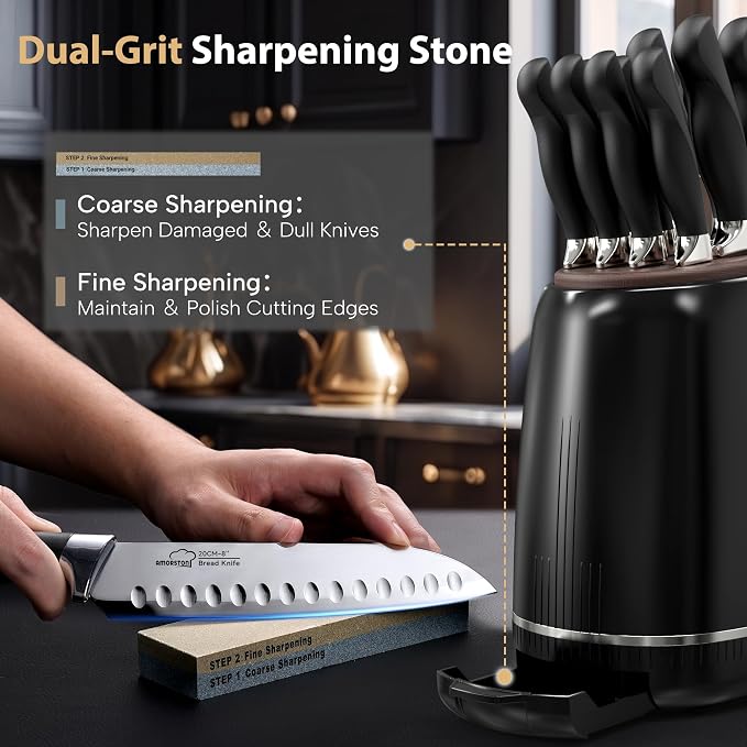 Knife Set, Amorston 14-Piece Kitchen Knives Set with Block & Sharpening Stone, Stainless Steel Dishwasher Safe, Knife Block Set with Ergonomic Handle, Professional Kitchen Knives for Home Cooking