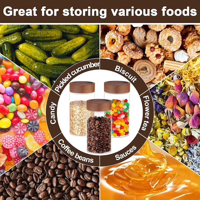 Glass Jars with Airtight Lid, 4 Pack 19oz Glass Jars with Wood Lids, Screw Top Kitchen Panrty Storage Canister for Sugar, Coffee, Tea, Oat, Cereal, Candy, Cookie - 3.1 x 5.9 inch Spice Bottle