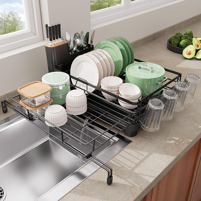 Runnatal Dish Drying Rack - Expandable Large Dish Rack Over Sink | Drying Dish Drainer for Kitchen Counter, Stainless Steel Dish Strainer with Utensil Holder & Cup Holder, Black