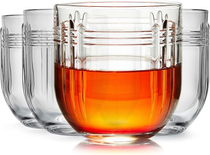 Libbey The Gats Rocks Glasses Set, Art Deco Inspired Short Drinking Glasses Set of 4, Classy Retro Cocktail Drinking Glasses for Parties and Events