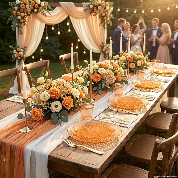 DaYammi 175PCS Clear Orange Plastic Dinnerware Set, Plastic Plates Disposable Hammered Disposable Plates for Party, Include: 25 Dinner Plates 25 Dessert Plates 75 Gold Silverware 25 Napkins 25 Cups