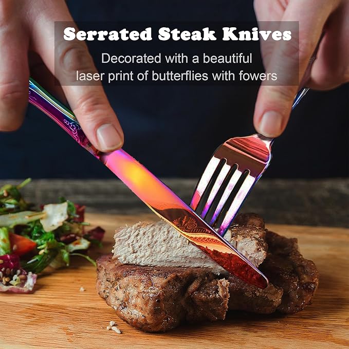 Runfly Gorgeous Retro Royal Rainbow Stainless Steel 20-Piece Flatware Set | Silverware Set for 4, Anti-rust Cutlery Set Utensils Kitchen Including Fork Spoon and Knife
