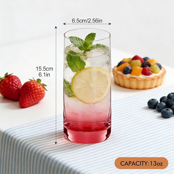Red Highball Glasses Set of 6, Drinking Glass for Mixed Drink | 13oz ,Cups for Cocktail, Beer, Mojito, Water and Juice,Thick Tall Glassware for Kitchen, Restaurant, Home Bar and Parties