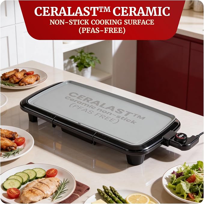 Elite Gourmet Electric Griddle, Ceralast Non-Stick, 10"x20" Black/Grey | PFAS-Free Ceramic, Cool-Touch Handles, Removable/Adjustable Thermostat, Easy-Clean Grease Tray, Great for Pancakes