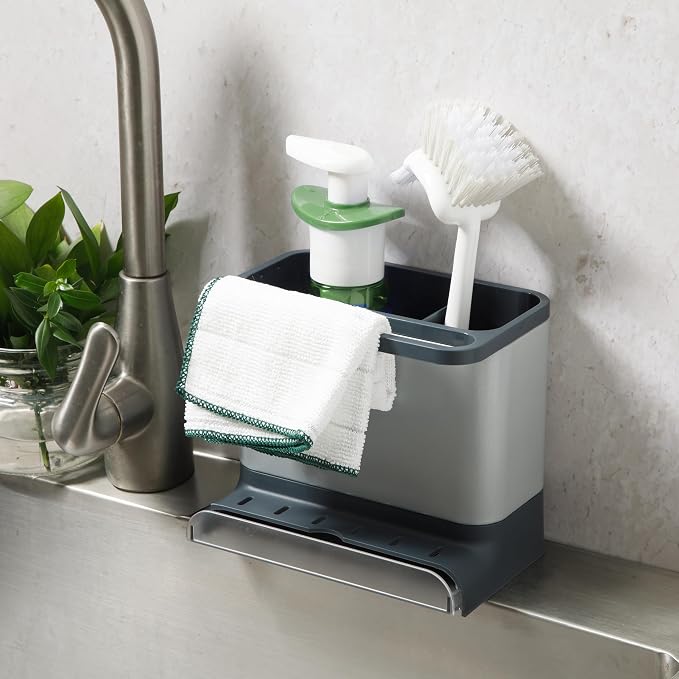 Gibson Home Ledgebrook Sink Caddy with Metal Panel, Metal Sponge Holder for Kitchen Sink, Countertop Organizer and Storage Essentials with Drain Board