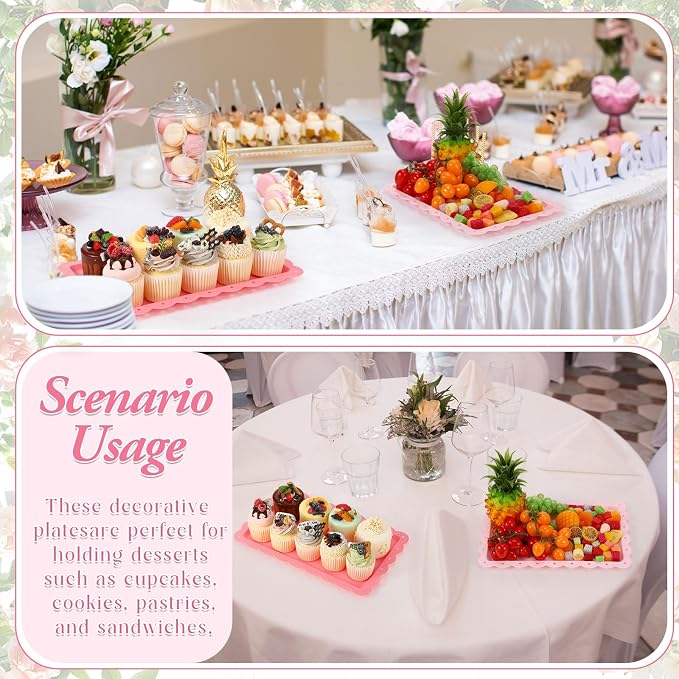 6 Pcs Pink Serving Trays Plastic Platters Dessert Cupcake Holder Party Supplies 14.4 x 9.3 Inches Rectangular Cookie Snack Display Tray for Wedding Restaurant