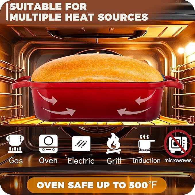 Cast Iron Loaf Pan with Lid, 9x5 Loaf Pans for Homemade Bread | Cast Iron Bread Pan for Sourdough Baking, 9x5 Loaf Pan with 2-In-1 Design, Even Heat Distribution, Red Enameled