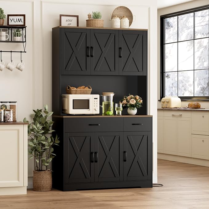 HOSTACK 71"H Kitchen Pantry Storage Cabinet, Farmhouse Hutch Cabinet, Black | Space-Saving Pantry Cabinet with Charging Station & 2 Large Drawers & Adjustable Shelves, Tall Kitchen Hutch, Dining Room