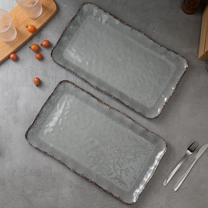LEHAHA Melamine Crackled Rustic Serving Platter Set of 2, Farmhouse Large Rectangle Trays for Food, Entertaining and Party Use, 17.5"x 10", Grey