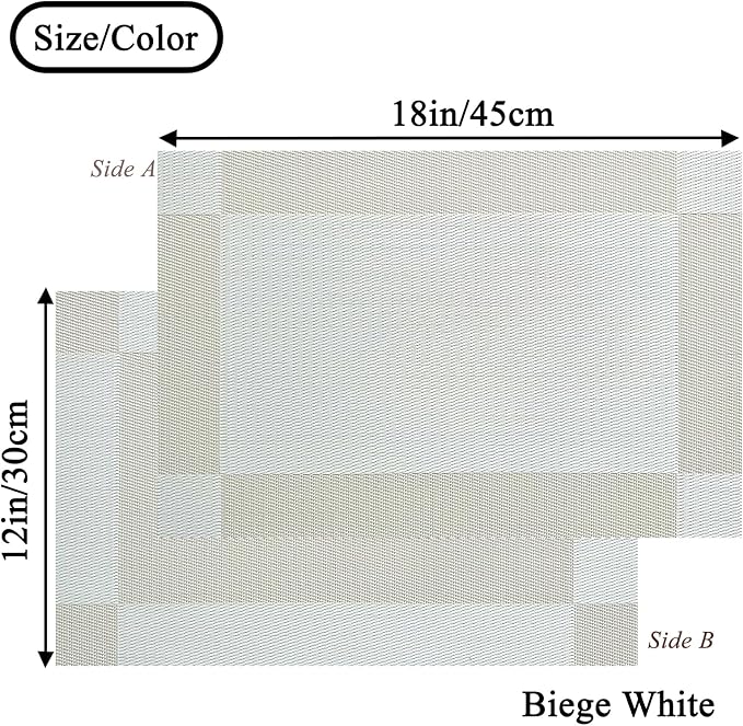 Vinyl Placemats Heat-Resistant Table Mats Washable Easy Clean Plastic Placemat for Kitchen Dining Table Set of 8 Indoor Outdoor (Beige White)
