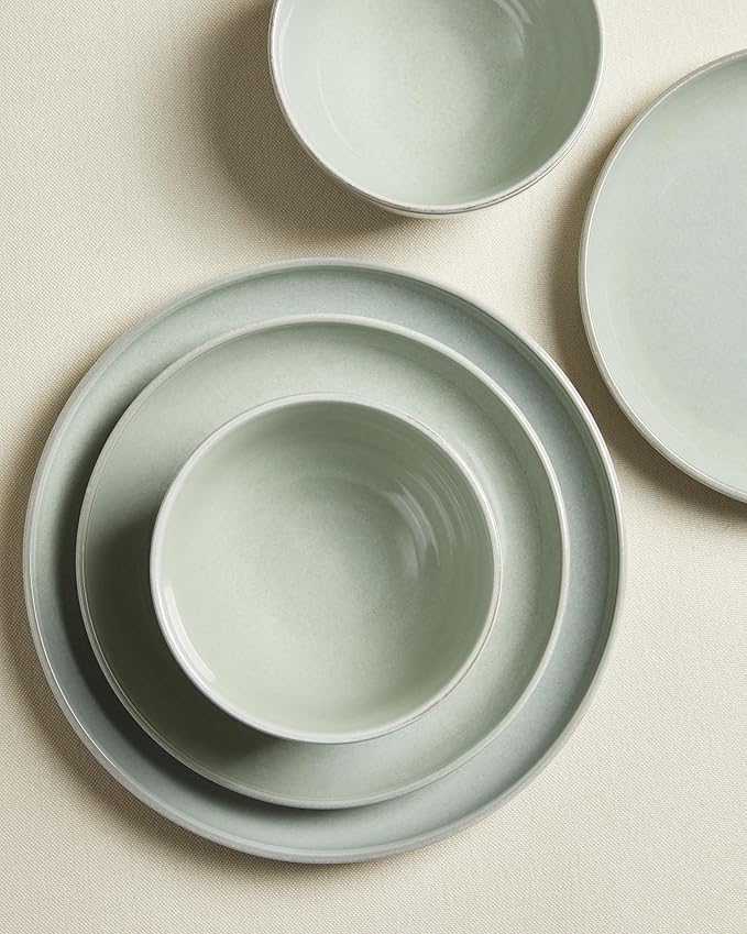18 Piece Dinnerware Set for 6, Reactive Glaze Terracotta Plates and Bowls Set, Large Family-Sized Stoneware Dish Set for Gatherings, Chip and Scratch Resistant, Slate Green