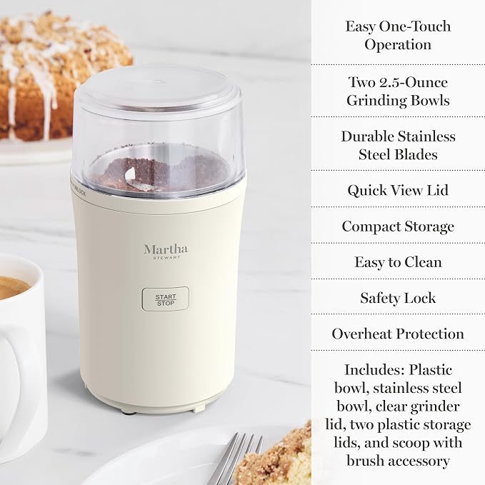 Martha Stewart Electric Coffee & Spice Grinder with Dual Bowls, Linen Cream | Dual 2.5oz Removable Bowls for Coffee Beans, Nuts, Herbs & Spices, Stainless Steel Blade, One-Touch Pulse Control, Easy Clean