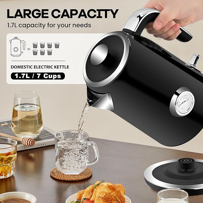 PUKOMC Electric Kettle, 1.7L Stainless Steel Electric tea kettle | Temperature Gauge, Fast Boiling, Auto Shut - off, BPA - Free, Boil - Dry Protection 1500W, LED Light, Easy clean