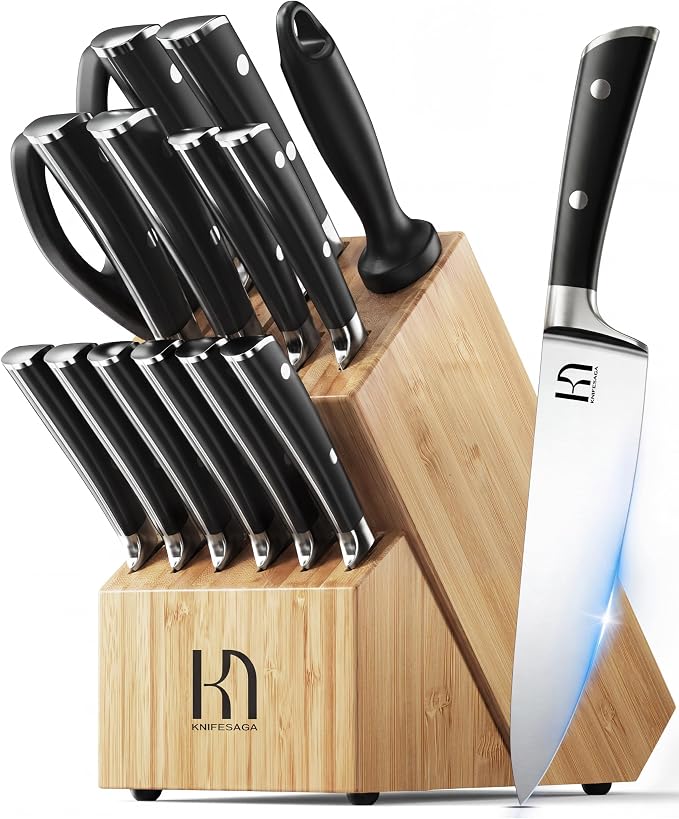 KnifeSaga Knife Set 15 Pcs Kitchen Knife Block Set, Enduring Razor-Sharp High Carbon Stainless Steel Knife Set with Block and Sharpener, Premium Knives Set for Kitchen, Natural Bamboo Valentine's Gift