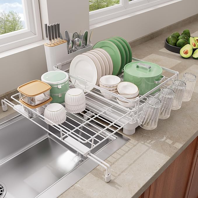 Runnatal Large Dish Drying Rack, Extendable Dish Rack Over Sink | Stainless Steel Dish Strainer with Drainboard, Utensil Holder & Cup Holder for Kitchen Counter, White