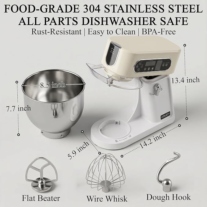 5.3 Qt Tilt-Head Stand Mixer, 9-Speed Electric Food Mixer | 9-Speed Control, Stainless Steel Bowl, Dough Hook Whisk Flat Beater, Splash Guard, Easy Clean, for Home Baking, Almond Cream