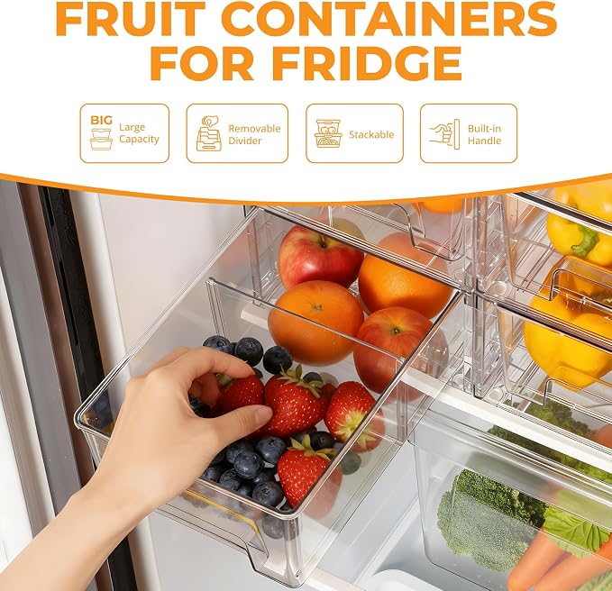 6 Pack Stackable Storage Drawers,Plastic Organizers Bins, Drawers Storage with Handles and Movable Dividers for Organization and Storage in Fridge,Bathroom, Pantry, Kitchen Cabinets, Under Sink