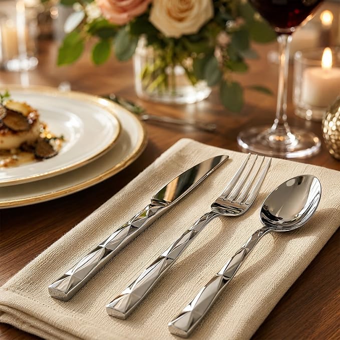 30-Piece Silverware Set for 6, Premium Stainless Steel Flatware Cutlery Set with 3D Diamond Faceted Handles, Mirror Polished & Dishwasher Safe, Modern Kitchen Utensils Set