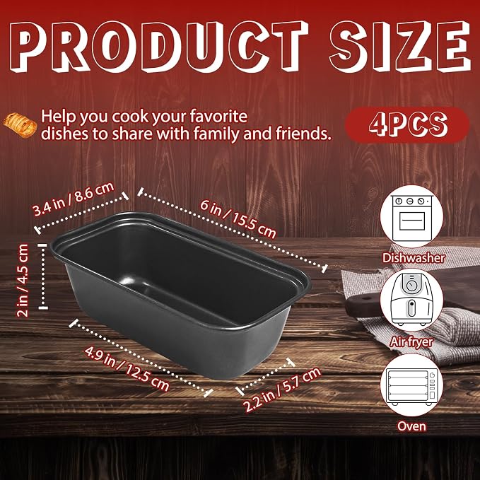 Zddaoole 4 Pack Mini Loaf Pans Set,6 x 3.4 x 2 In Tiny Meatloaf Pans,Small Banana Bread Tins,Stainless Steel Baking Pans for Homemade Cake,Brownies