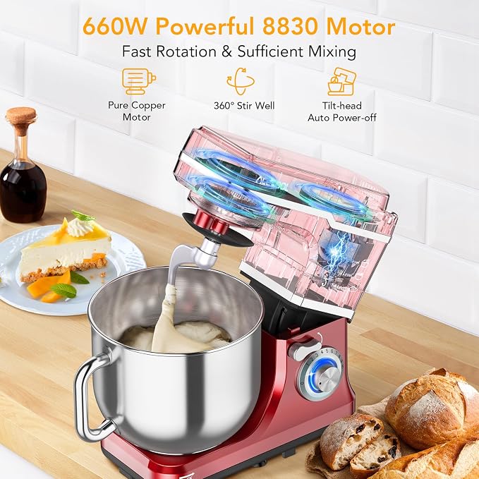 Stand Mixer Dough Mixer 7QT 660W 10-Speed Tilt-Head Dough Mixer, Electric Kitchen Mixer with Stainless Bowl, Hook, Whisk, Beater & Splash Guard, Black (red)