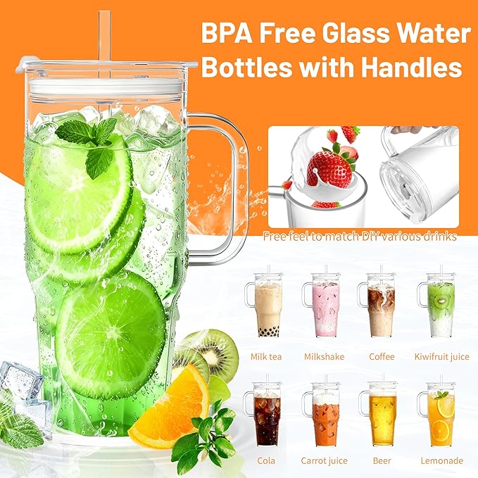 Birity 40OZ Borosilicate Glass Tumbler with Handle,Glass Cup with Lid and Straw-Reusable Iced Coffee Cup with Lid for Boba, Smoothies,Beer,Juice|Suitable for Gifts,Travel,Outdoor,Partys&Home