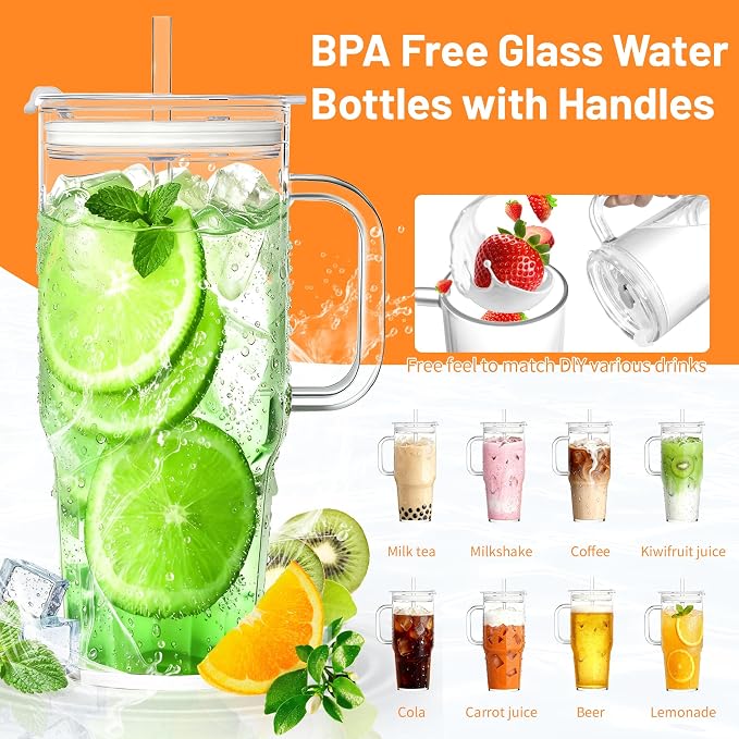 Birity 2Pack 40OZ Glass Tumbler with Handle,Glass Cup with Lid and Straw,Reusable Glass Iced Coffee Cup for Beer, Smoothies, Juice,Hot/Cold Drinks-Suitable for Birthday,Wedding