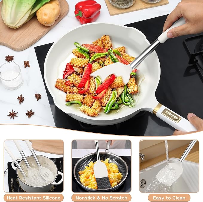 Onader 10 Pieces Silicone Kitchen Utensils Set, Cooking Utensils with Holder and Heat Resistant Stainless Steel Handle for Nonstick Cookware -White