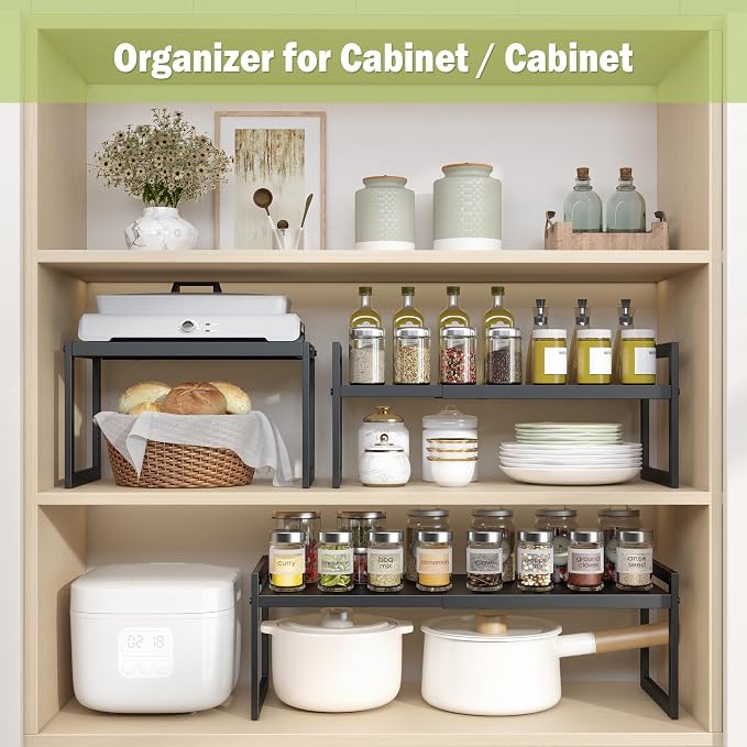 DOLALIKE Expandable kitchen Countertop Organizer, Stackable Cabinet Shelf Organizers, Space Saving Spice Rack Pantry Storage for Bathroom Office (Black, 1 Pack) | Space Saving Metal Pantry Storage Racks for Kitchen Spice Rack Pans and Untensils Bathroo...