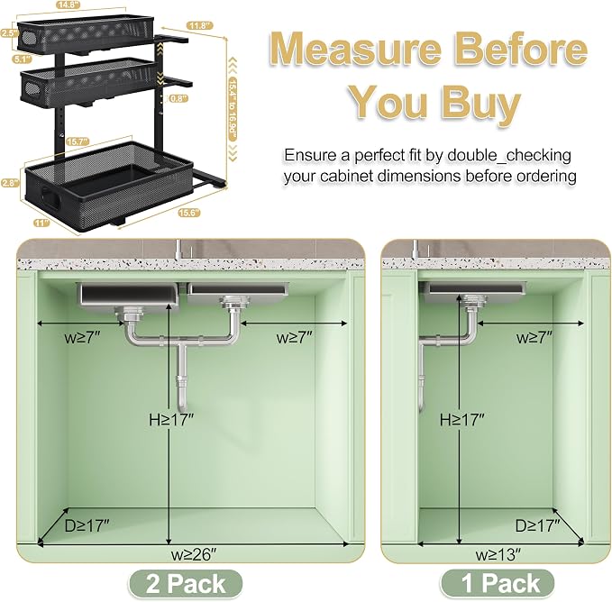 3 Tier Under Sink Organizer,Black Metal Pull Out Kitchen Cabinet Organizers, Slide Out Under Sink Storage Drawers, Undersink Organizer,Bathroom Counter Shelf, Pantry Organization and Storage （2 Pack）