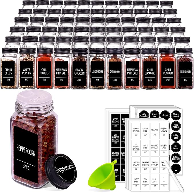 Churboro 66 Pack Glass Spice Jars with Labels, 4oz Spice Containers | Square Spice Bottles with Black Caps, Shaker Lids, 547 Labels, Funnel & Chalk Pen. Keep Seasoning Jars Neat and Organized