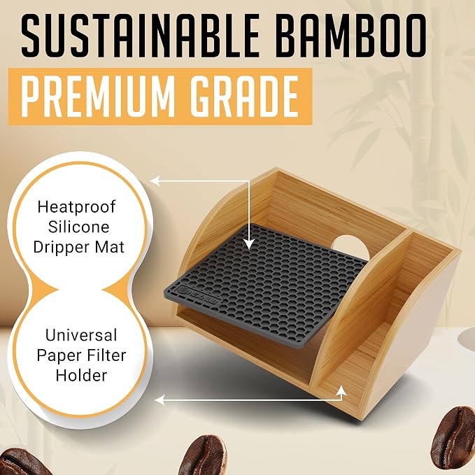 Pour Over Caddy with Lid for Chemex Bodum Cosori Coffee Makers Black | Handmade Bamboo Stand, Lid, Filter Holder, Heatproof Mat for a Cleaner Coffee Station