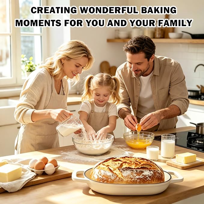 Wdmiya Dutch Oven for Sourdough Bread Baking, Shallow Base & Dome Lid 5 QT | Enameled Cast Iron Bread Baker for Batards & Boules, Easy-Clean Enamel, 500°F Oven Safe, Cream White, 11.5" x 7.8"