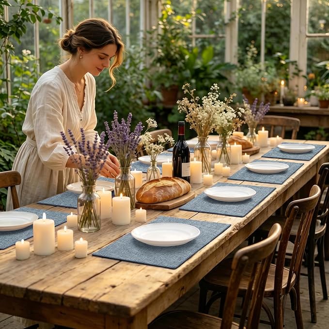 Faux Cotton Linen Placemats Set of 6, Cloth Washable Farmhouse Dining Table Mats for Indoors & Outdoors, Easy to Clean, Denim Blue, 13 x 19 Inch
