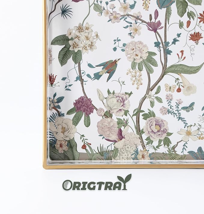 Serving Tray with Handles, Rectangular Plastic Tray 15.75x11.81 Inch, Floral Art with Peony, Hydrangea, Magnolia & Magpie Style Decorative Tray for Kitchen, Dining Table, Vanity, Office & Home