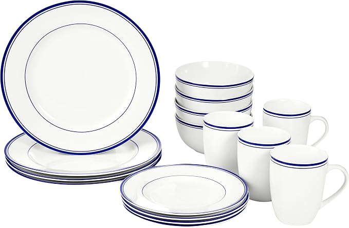Amazon Basics 16-Piece Cafe Stripe Dinnerware Set, Microwave and Dishwasher Safe, Plates, Bowls, Mugs, Service for 4, Blue