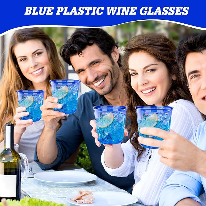 KesaPlan 100Pcs 12oz Blue Plastic Party Cups, Disposable Wine Cocktail Cups | Cute Crystal Wine Stemless Glasses, Round Bottom PET Cold Drink Cups for Wedding Birthday Meeting Christmas Baby Shower Party