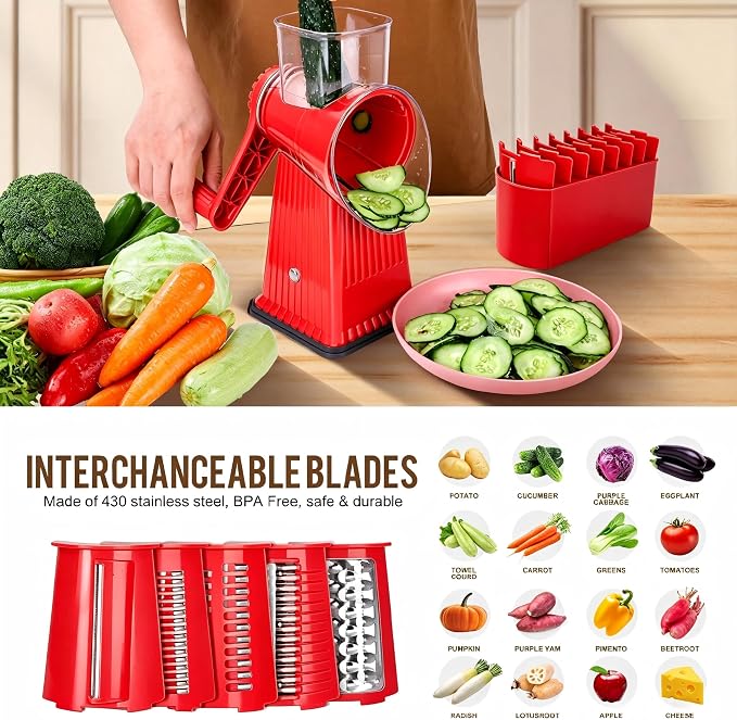 Rotary Cheese Grater with 5 Well-designed Blades & Strong Suction Base, Kitchen Mandoline Vegetable Slicer with Blade Storage Box (RED)