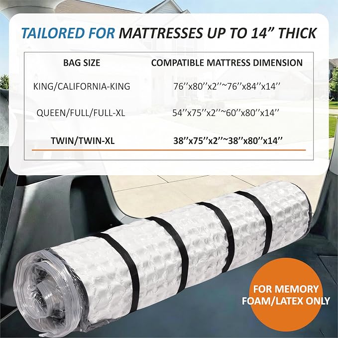 Foam Mattress Vacuum Bag with 4 Adjustable Packing Straps for Moving, Storage, Shipping, Vacuum Seal Mattress Bag with Packaging Straps (Twin/Twin XL)
