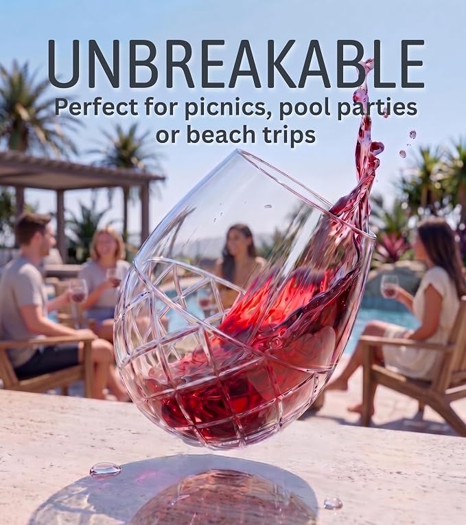 Unbreakable Plastic Stemless Wine Glass - 16 oz Set of 6 | Tritan Plastic, Shatterproof & Reusable Drinkware Perfect for Outdoor, Pool, Camping & Everyday Use