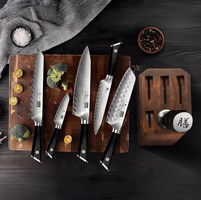 SHAN ZU 7-Piece Damascus Knife Set | Professional Kitchen Knife Sets for Chefs, Japanese 10Cr15MoV Super Steel Knife Block Set With G10 Handle , GYO Series
