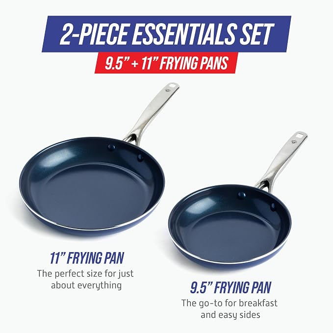 Blue Diamond 2 Piece Nonstick Frying Pan Set, 9.5” & 11" Skillets, PFAS-Free Ceramic, Dishwasher & Oven Safe, Stainless Steel Handle, Durable Metal Utensil Safe, Egg & Omelet Pans, Blue | 9.5" x 11" Skillets, PFAS-Free Ceramic Nonstick, Dishwasher & Ov...